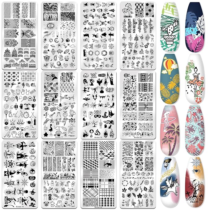 Biutee Nail Stamper Kit 22Pcs Gel Nail Stamping Kit 12Pcs Nail Stamping Plates 8Pcs Gel Stamping Polish, Silicone Stamper Scraper Flower Lace Star Stripe Holiday Stamp Template Gift for Women