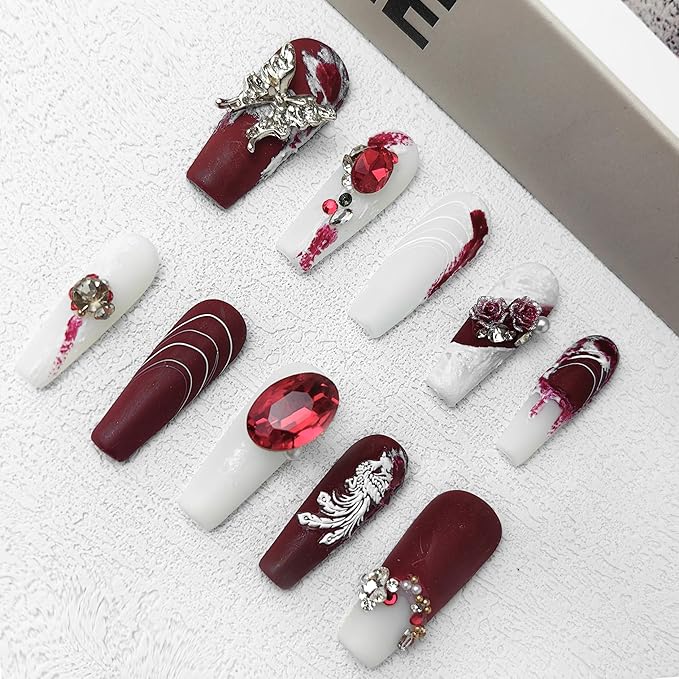2025 Burgundy Medium Press on Nail Hand-painted Irregular Frosted Design w/Rhinestones Flower Butterfly Handmade Reusable PMMA Acrylic Matte Full Coverage Nail (Hand-painted Pattern, Medium)