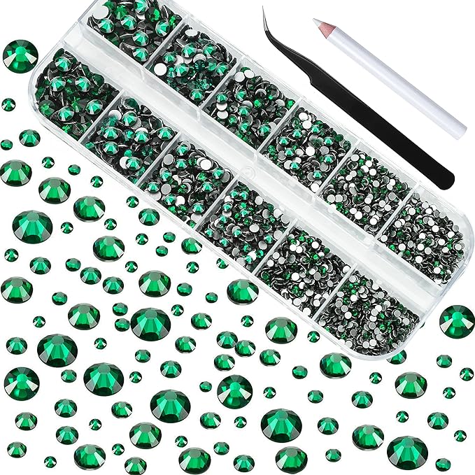 HUETFAT 2400pcs Flatback Rhinestones Gems Nail Diamonds-Glass Nail Crystals 6 Sizes (1.5-4.8 mm) Green Nail Art Rhinestones Kit with Tweezers and Wax Pencil Gems for Crafts/Tumblers/Face Eye Makeup