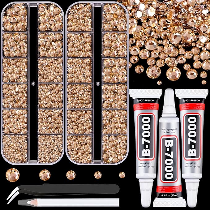 Resin Rhinestones for Crafting with B7000 Jewelry Glue, 2 Boxes Champagne Flatback Crystals with 3Pcs 10ml Glue for Bedazzling Crafts DIY Nail Art Makeup，Non Hotfix Gems for Clothing Shoes