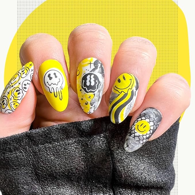 Maniology Happy Face Nails Nail Stamping Plate | Emoji-Inspired Designs DIY Manicure Design, Smiley Patterns - Reusable, Rectangular, Stainless Steel Nail Art Template