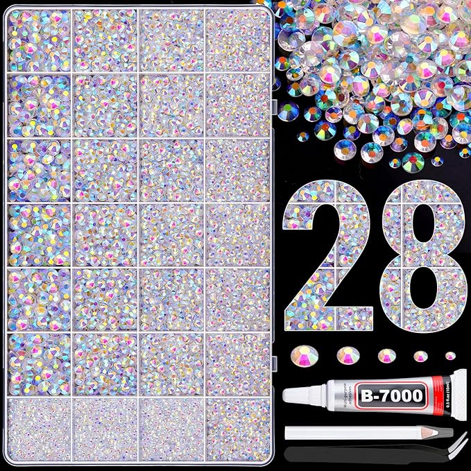 30000Pcs Resin Rhinestones for Bedazzling with B7000 Jewelry Glue, Transparent AB Flatback Gems Rhinestones for Crafting, Clothing Tumblers Mugs Shoes Fabric Decor Nail Art