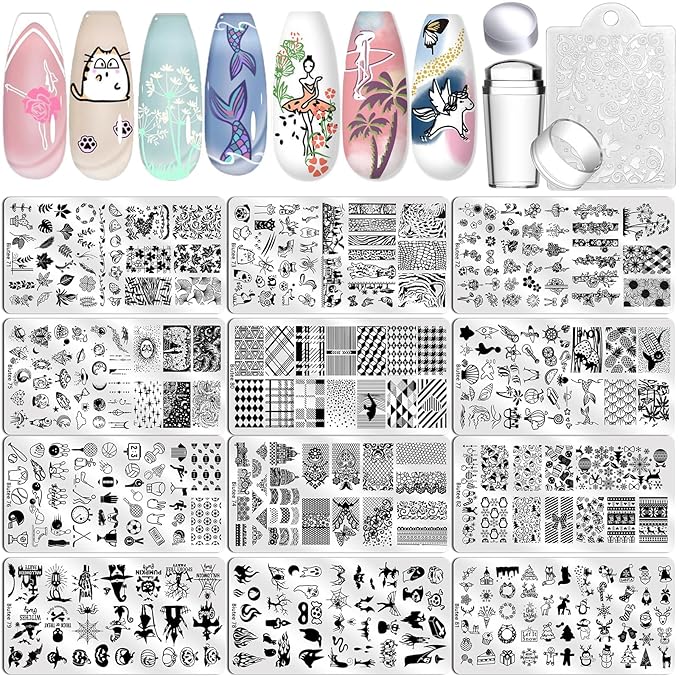 Biutee Nail Stamping Plate Set 12Pcs Nail Art Stamping Plates Nail Stamping Kit Nail Stamper Kit Flower Leaves Animal Lace Star Design Nail Stamp Plate