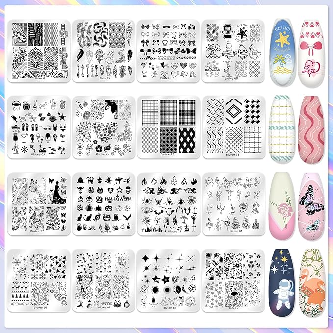 Biutee Nail Stamping Kit 12Pcs Nail Art Stamp Plates 8 Colors Stamping Polish Gel Silicone Stamper Scraper with Storage Bag, Nail Stamping Plate Lace Star Rose Plaid TemplateHoliday Design Gift