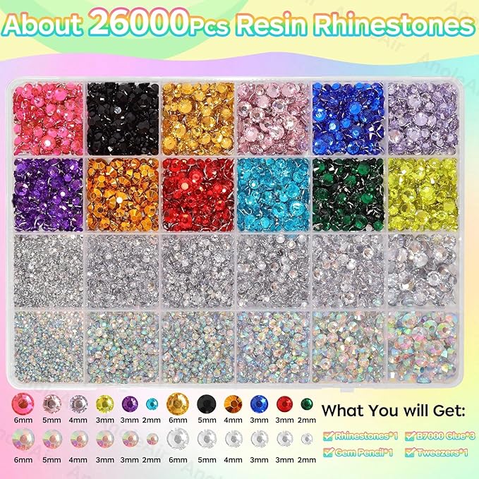 26000PCS Colorful Resin Flatback Rhinestones for Crafting, Resin Rhinestones for Bedazzling Kit, 2/3/4/5/6mm Flatback Gems Jewels for DIY Mugs Tumblers Clothing Shoes Nail Art