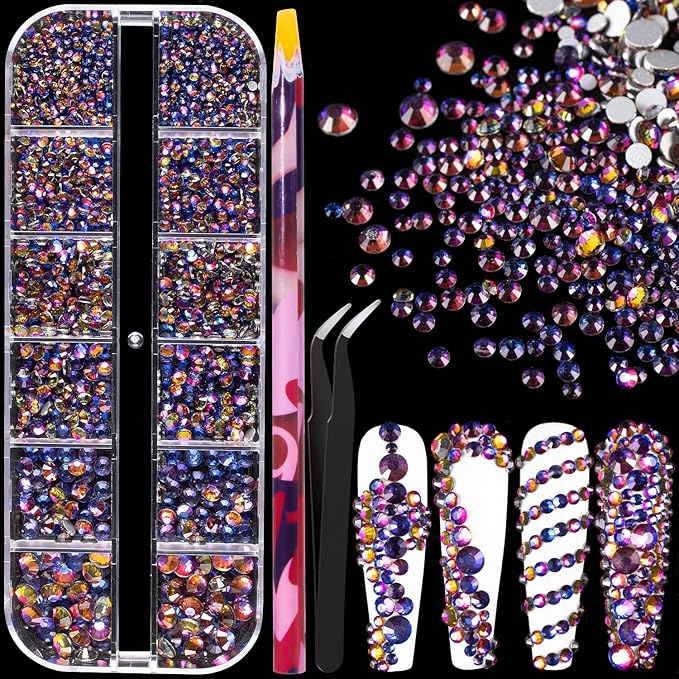 6 Sizes Iridescent Blue Glass Crystal Kit with Pickup Pen + Tweezer Tools for Shine Nail Art Manicure Makeup DIY Decoration Flatback Round Rhinestone Gem Jewelry Diamond