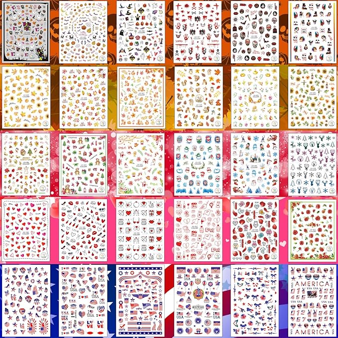 30 Sheets All Holiday Nail Stickers, Thanksgiving Independence Christmas Valentine's HalloweenDay Nail Art Decals Mixed All Season Set, Self-Adhesive Design Year-Round Manicure Decorations Supplies