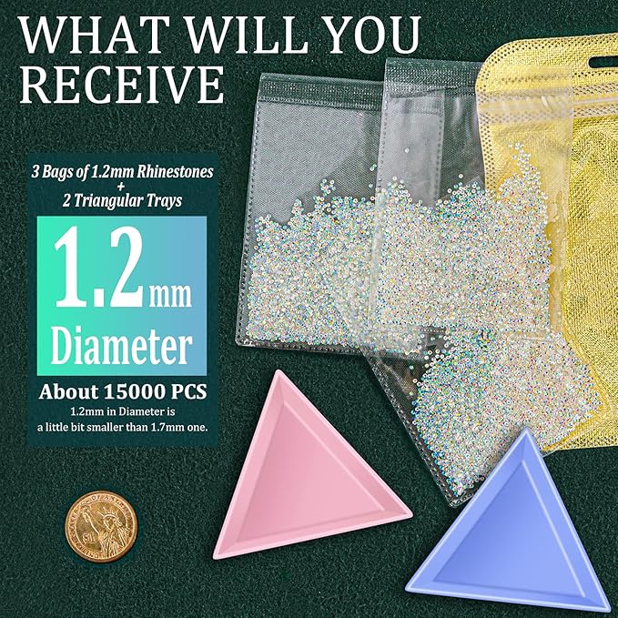 1.2mm and 1.7mm Tiny Nail Rhinestones 20000PCs Ultra Mini Pixie Clear AB Glass Crystals for Nail Art 15000pcs 1.2mm and 5000pcs 1.7mm Super Little Gems Iridescent Micro Dust Glitter Caviar Bead