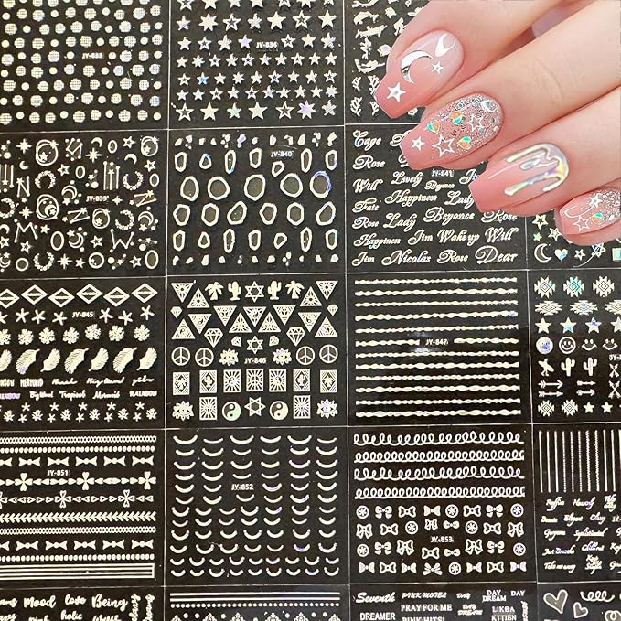 30 Sheets Silver Nail Art Stickers 3D Self Adhesive Sliver Line Nail Decals Heart Star Nail Sticker for Nail Art Silver Nail Design Nail Art Supplies for Women Acrylic Nails Decoration