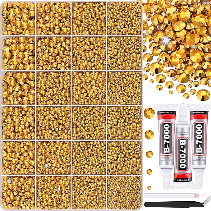 30000Pcs Mine Gold Rhinestones for Bedazzling with B7000 Jewelry Glue, Bedazzler Kit Bulk Flatback Gems, Resin Rhinestones for Crafting Crafts Clothing Shoes Fabric Nail Art Assorted Size 2/3/4/5/6mm