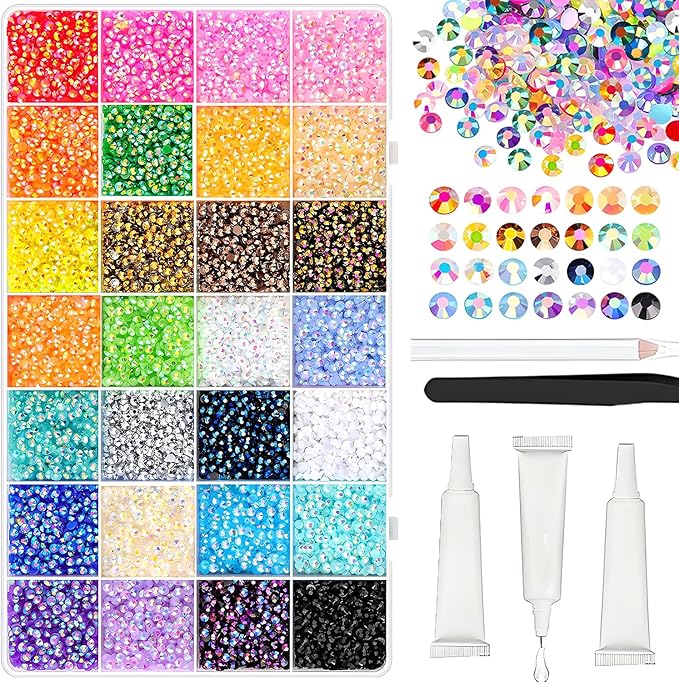 Bedazzling Kit with Rhinestones, Resin Rhinestone Kit for Bedazzling, 3mm Flatback Bedazzling Gems with Tweezers & Glue, Gems for Crafting, Nail Art & DIY Decor (24000Pcs)