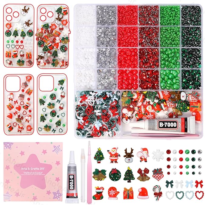Christmas Junk Case Charms Kit, Christmas Snowman Tree Reindeer Bell Santa Big Charms for Phone Junk Cases, Red Green Pearls and Rhinestones Gems Bedazzling Kit for Crafts Nail DIY Accessories
