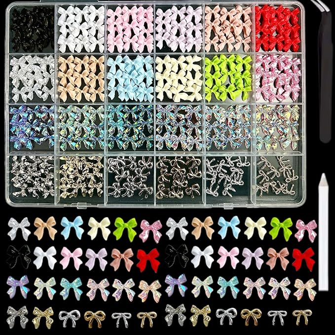 Kawaii Color Bow Nail Charms Kit, 3D Gold Silver Bows Nail Art Charms, Cute Pink Bowknot Charms for Nails Design DIY Decoration with Pickup Tools