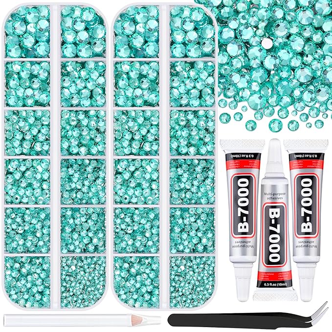 12000Pcs Resin Rhinestones for Bedazzling with 3Pcs B7000 Jewelry Glue, 2 Boxes Aquamarine Flatback Rhinestones for Crafting Crafts DIY, Crystals Gems for Clothing Shoes Tumblers Nail Art Makeup