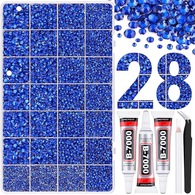 30000Pcs Resin Rhinestones for Bedazzling with Tweezers, Royal Blue Rhinestones for Crafting with 3Pcs 10ml B7000 Jewelry Glue for DIY Crafts Clothing Tumblers Shoes Fabric Nail Art