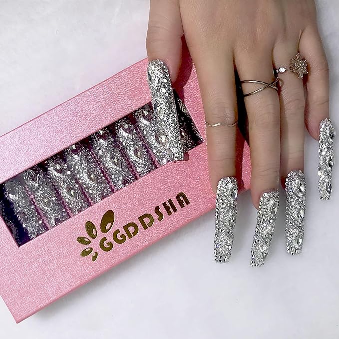 2025 Pure Shine 3D Crystal Nails – Handmade Long PMMA Press-Ons with Box (Full Diamond, Long)