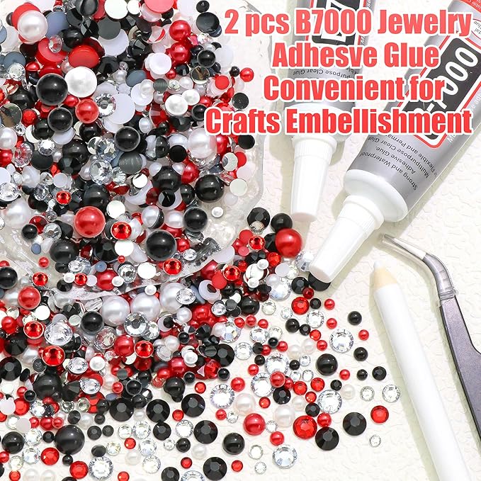 RODAKY 9000PCS Rhinestone Pearls for Bedazzling Red Black White Flatback Gems Half Pearls for Crafting Diamond Making Kit Clothing Shoes Nail Decor with Glue Tweezer Pickup Pen