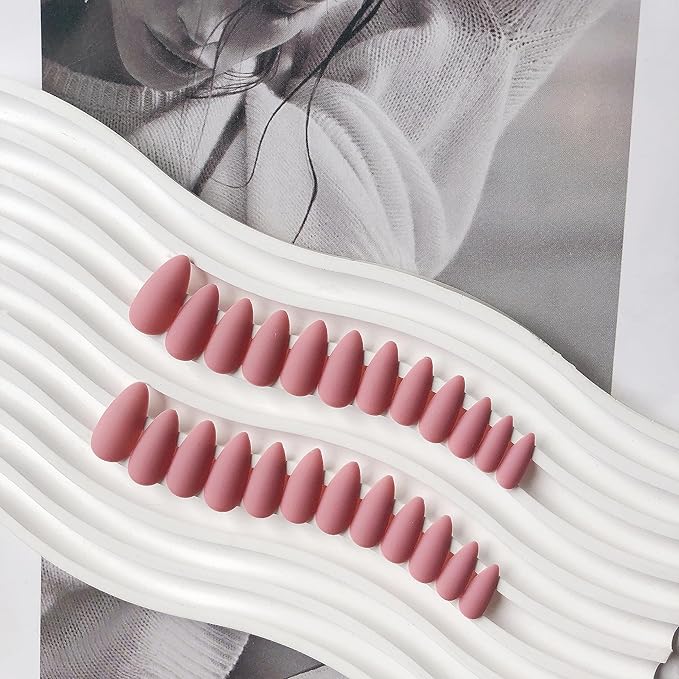 Matte Pink Press on Nails - Almond Shaped Medium Length Neutral Acrylic Reusable Fake Nails for Women, Glue on Stiletto False Soft Gel Artificial Nails