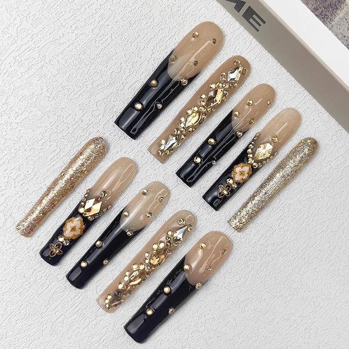 2025 100% Handmade Nails Long and Reusable PMMA Acrylic Press on Nails With Rhinestone Spot Black Design Reusable Full Coverage Fake Nails Handmade Nails Ladies Fake Nail Set (Black, M)