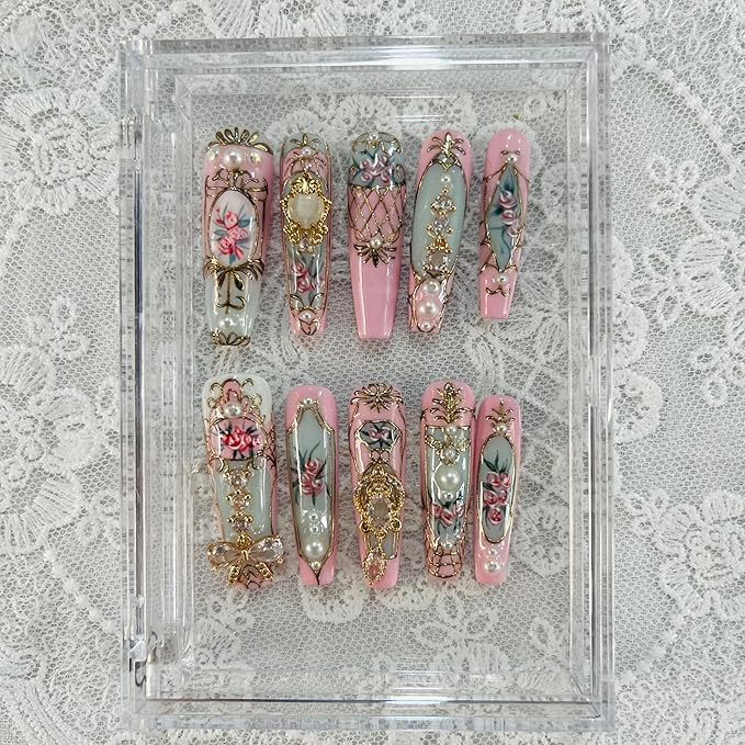 Press on Nails Handmade Nails 10Pcs Oil Painting Style Style Hand-painted The Pink Palace Manual Press on Nails for Women Party Holiday Photo 40mm Long Size S