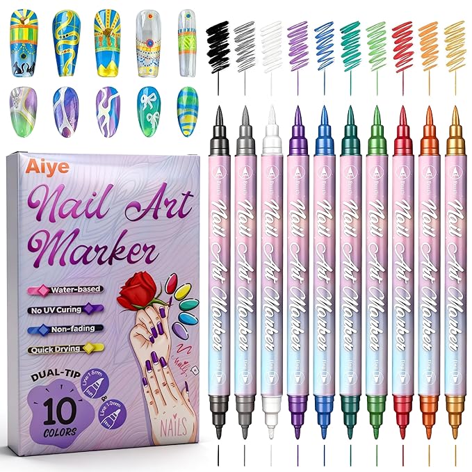 Metallic Nail Art Pens Set, 10 Colors Double-Ended Nail Design Markers with Fine & Brush Tip, Quick-Dry Water-Based Paint for DIY Manicure, Salon & Home Nail Art Decoration