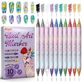 Metallic Nail Art Pens Set, 10 Colors Double-Ended Nail Design Markers with Fine & Brush Tip, Quick-Dry Water-Based Paint for DIY Manicure, Salon & Home Nail Art Decoration