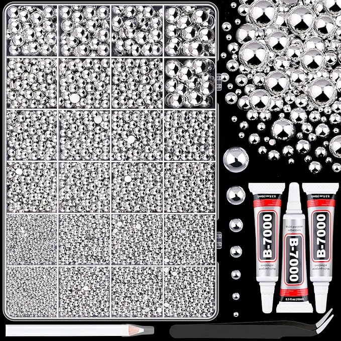 Assorted Size Flatback Pearls for Crafting Nail Art Silver Color Large Pack with 3Pcs Glue