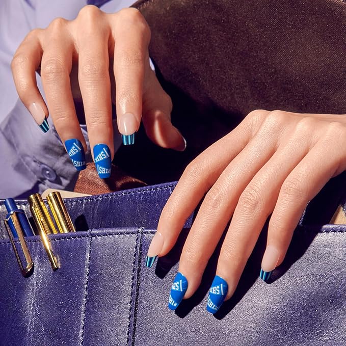 WICKED X KISS Press On Nails, ‘Shiz Campus’, Blue, Medium Coffin, Waterproof, Chip Proof, Smudge Proof, 28 Fake Nails, Pink Gel Nail Glue (2g), Mini Nail File, & Manicure Stick