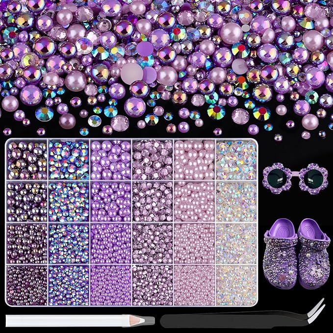 14000Pcs Flatback Pearls and Rhinestones for Crafting, Purple Series Mixed Size 3-8mm Resin Rhinestones and Half Pearls for Bedazzling, Nail Art with Tweezers and Pickup Pencil