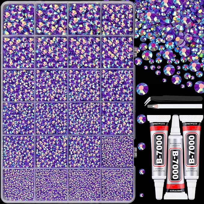 25000Pcs Resin Jelly Rhinestones with Tweezers for Crafting, Dark Purple AB Flatback Gems, Bedazzling Crystal with 3Pcs 10ml B7000 Jewelry Glue for DIY Crafts Clothing Tumblers Shoes Fabric Nail Art