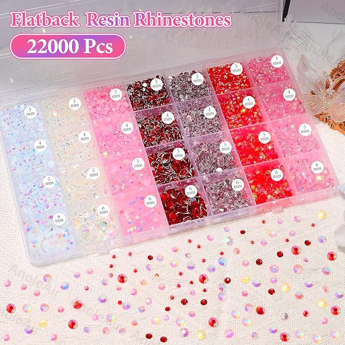 22000Pcs Pink Red Rhinestones for Bedazzling, Jelly Bedazzling Resin Gems 3-5mm, Pink White Gems Bedazzling Kit for Crafting, Flatback Color Red Hot Pink AB Gems for Nails Face Makeup Tumblers