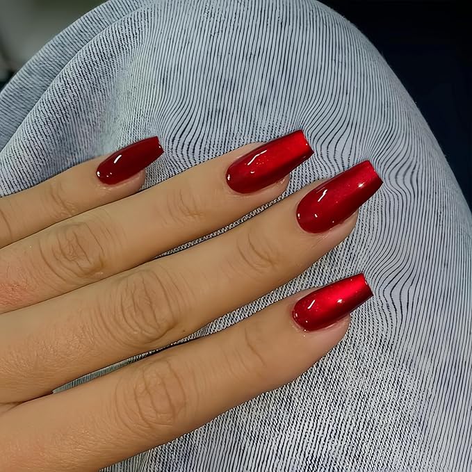KQueenest Cat Eye Press on Nails Long Medium Square, Glitter Dark Red Fake Nails Press ons Coffin, Press on Acrylic Nails Bling Chrome Glue on Nails for Women Birthday Party Salon Manicure, 30 Pcs