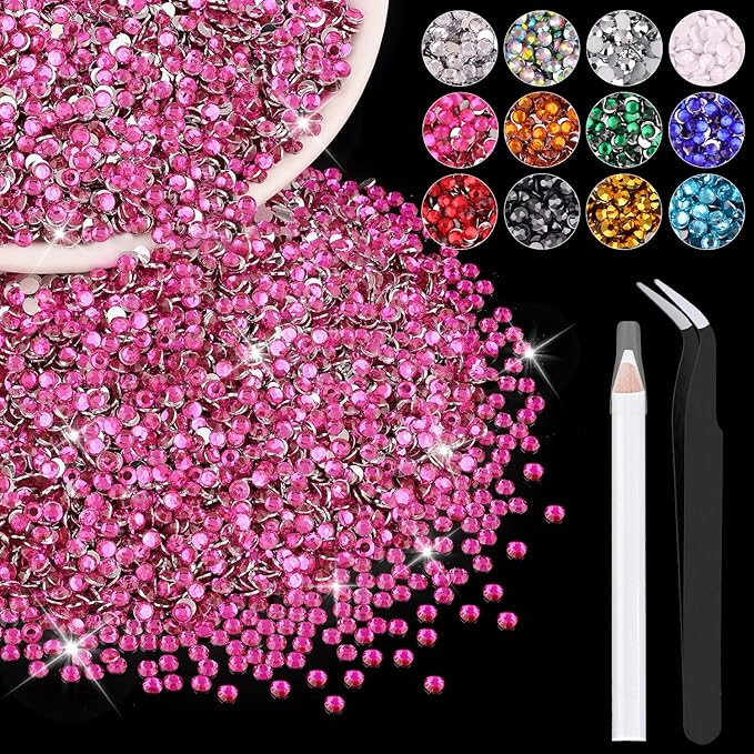 12000PCS 2mm Resin Rhinestones Bulk for Crafting (Hot Pink), Flatback Bedazzling Crystals for Crafts DIY Nail Decoration, Gems Charms for Tumbler Shoes Clothing Fabric with Pickup Pen and Tweezers