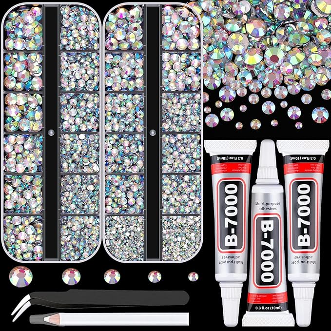 Resin Rhinestones for Crafting with B7000 Jewelry Glue, 2 Boxes AB Flatback Crystals with 3Pcs 10ml Glue for Bedazzling Crafts DIY Nail Art Makeup，Non Hotfix Gems for Clothing Shoes