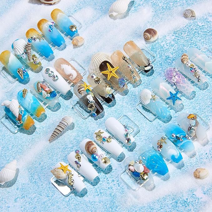 3 Boxes Summer Beach Nail Art Rhinestones, 3D Ocean Nail Charms Starfish Conch Sea Series Nail Art Designs Accessories Nail Art Rivets Manicure DIY Seashell Nail Decorations for Women Girls