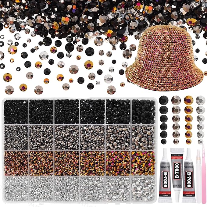 26000PCS Black Gold Silver Resin Flatback Rhinestones for Crafting, Gold Silver Black Resin Rhinestones for Bedazzling Kit, 2/3/4/5/6mm Flatback Gems Jewels for DIY Mugs Tumblers Clothing Shoes