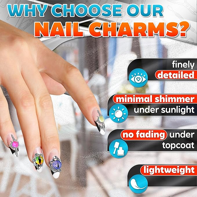 24 Pcs Dragon Eye Charms for Nails – 3D Silver Cross Nail Charms and Gems with Bright Crystals, Easy-to-Apply Art Kit – Stunning Nail Decor for Unique & Creative Manicures