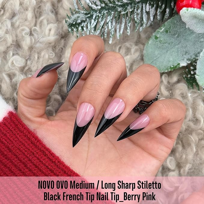 NOVO OVO Black French Tip Sharp Stiletto Pointed Medium Long Nail Tips Press on Berry Pink, Soft Gel Fake Acrylic Extension, Full Cover False Nails for Salon DIY x 16 Sizes 160 pcs