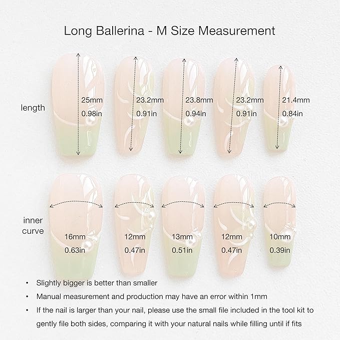 Long Ballerina Press On Nails, Pearl-Decorated Pink and Green French Tips, Handmade False Nail 10 Pieces (Medium,LB)