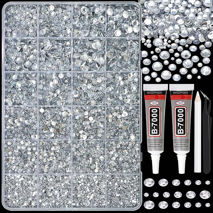 RODAKY Silver Clear Rhinestone Flatback Resin Gems for Crafts Bedazzling Crystal Diamonds 2Pcs 10ml B7000 Jewelry Glues Tweezers Dotting Pen for DIY Crafts Clothing Shoes Nail Art
