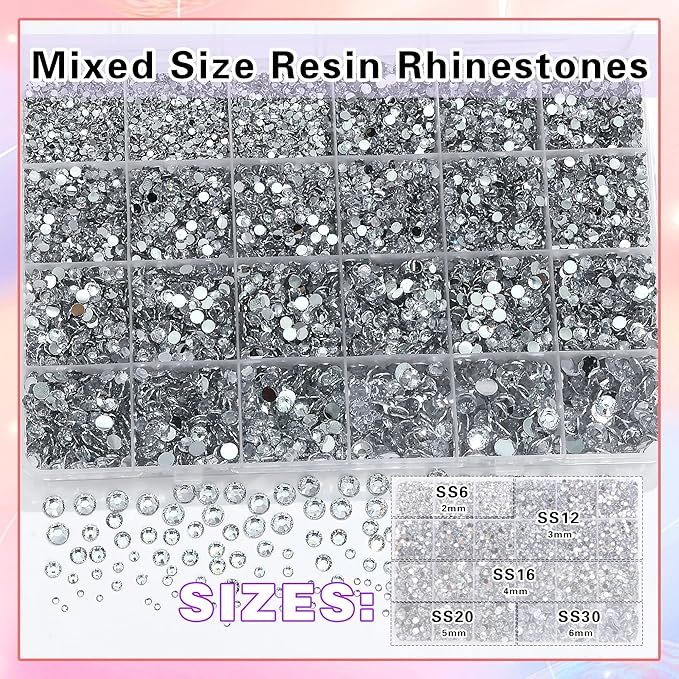 RODAKY Resin Rhinestones for Crafting Bedazzling,2-6MM Rhinestones for Nails Art,Silver Clear Nail Rhinestone and Gems,Nail Diamond Flatback Gems Crystals Charms for Nail Design DIY Makeup Decor