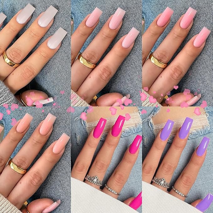 KQueenest 6 Packs Press On Nails Long Medium, Acrylic Press On Nails Square, Natural Medium Fake Nails Press Ons Coffin, Bright Color Soft Gel Glue On Nails for Women Daily Wear 144 Pcs