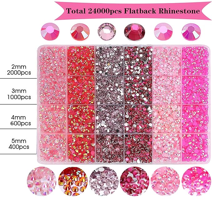 RODAKY Resin Rhinestones Kits 2/3/4/5mm Flatback Jelly Rhinestones Bulk Bedazzling Crystal Gems Beads Stone for Manicure DIY Crafts Mugs Bottles Tumblers Clothes Face Makeup (Pink)