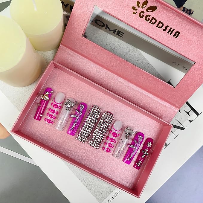 2025 Long Novel Design Pink Tracks Reusable Handmade PMMA Acrylic Press on Nails w/Box Gifts for Women
