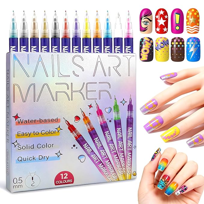 12 Colors Nail Art Pens Set, Nail Art Markers Polish Pens for 3D Nails, Dotting Drawing Painting Liner Brush for DIY Manicure, Home and Salon Nail Art Tools for Women and Men