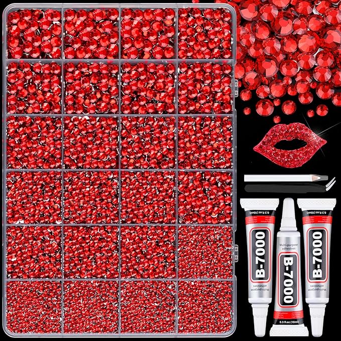 32000Pcs Resin Red Rhinestones with B7000 Jewelry Glue for Crafting, 2-6mm Non Hotfix Flatback Gems, Bedazzling Crystal for DIY Crafts Clothing Tumblers Mugs Shoes Fabric Decor Nail Art