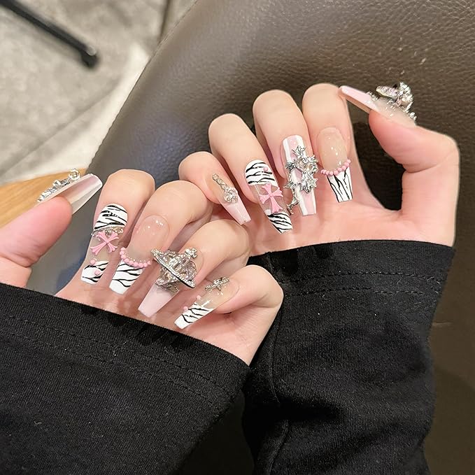 3D handmade nails press on false nails,Thick Strong Waterprooft long square pink white, big heart rhinestone cross star cute acrylic fake nails designed kit,10 Nails Size L #95