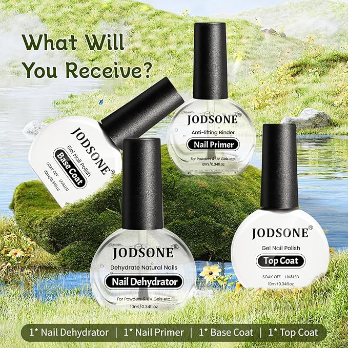 JODSONE 4Pcs Top Coat Bsae Coat Nail Primer Nail Dehydrator Kit for U V Gel Nails Polish Long Lasting Manicures Prep Protect and Perfect Your Nails 10ml Each Salon Quality Set