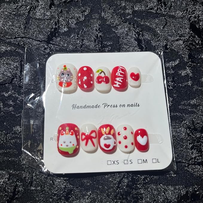 Short Press on Nails Handmade Nails 10Pcs Cute Style Manual Nail Art Red Cherry Fake Nails for Women Party Holiday Photo 2.5CM Size S