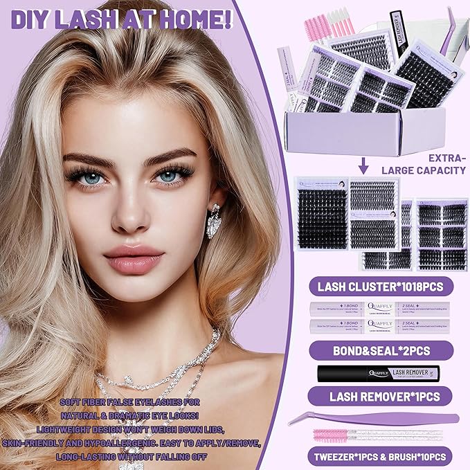 Lash Clusters Kit 1018 Pcs Eyelashes Clusters Extensions Kit 8-18mm Individual Lashes Volume False Eyelashes With Bond Seal*2 Remover Tweezers Brush*10 For DIY Lash Extensions